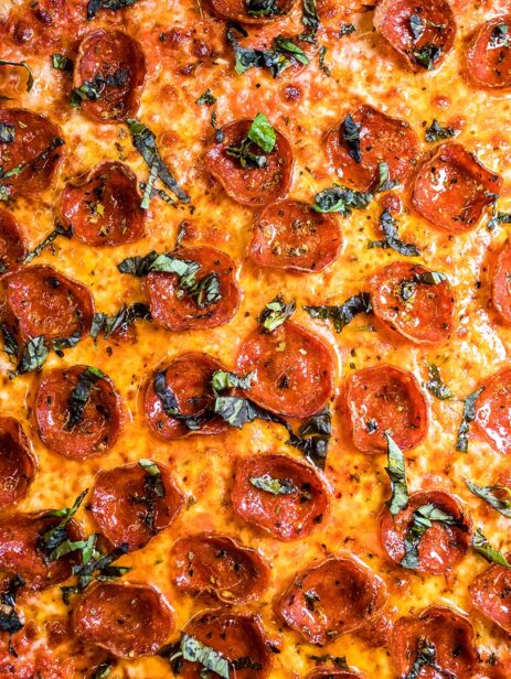 Hot Pepperoni Pizza from Ramundos at Element Eatery food hall, topped with fresh basil