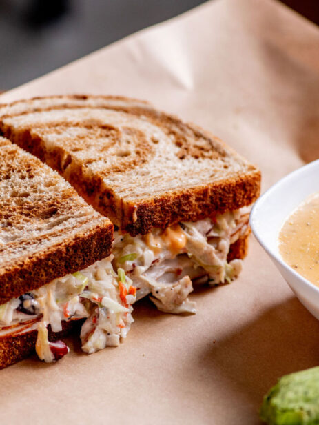 Chicken salad sandwich on marble rye with a side of broccoli cheddar soup from Solare Café at Element Eatery food hall